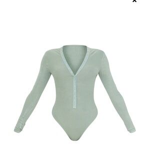 Rib Plunge Popper Detail Long Sleeve Bodysuit